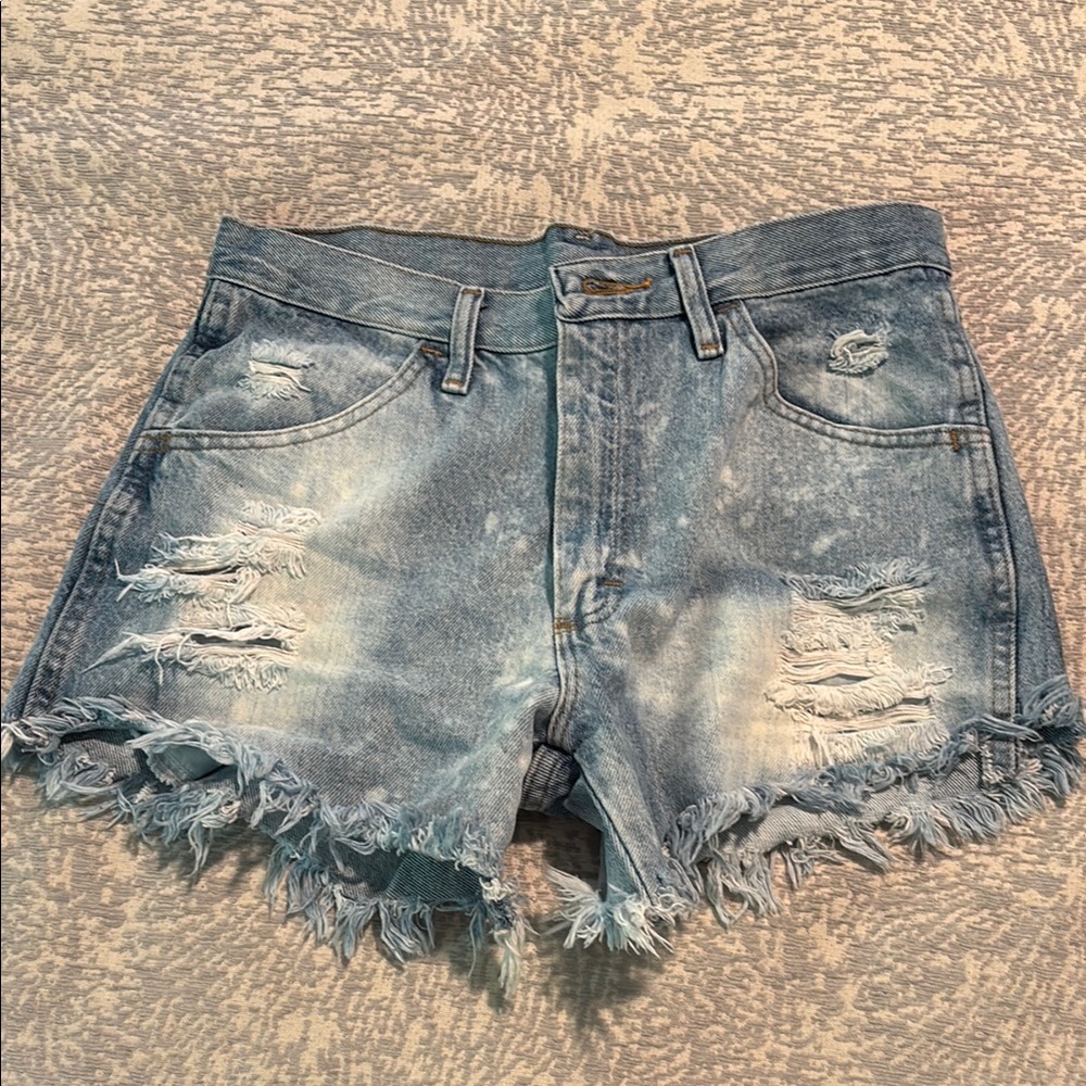 Custom Rustler Blue Distressed Jean Shorts Frayed Hem